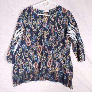 Jess & Jane Womens Paisley Tunic Top Size M Navy Boho Artsy Sheer Hem Detail